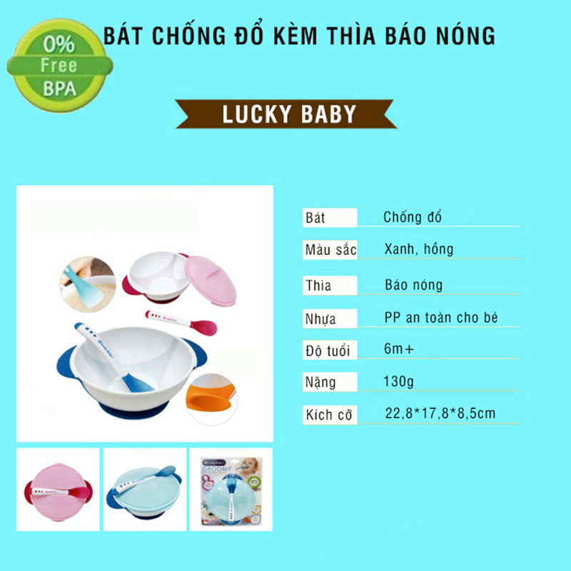 Bát chống đổ kèm thìa báo nóng Lucky Baby- Singapore ( SLL ib zalo) - tongkhothienan.com