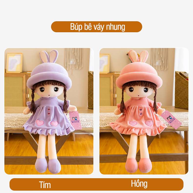 Búp bê bông tai thỏ váy nhung cho bé gái - tongkhothienan.com