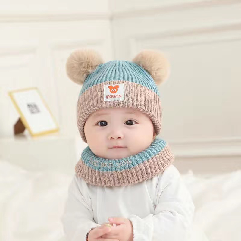 Mũ len quả bông kèm khăn quàng cho bé - tongkhothienan.com