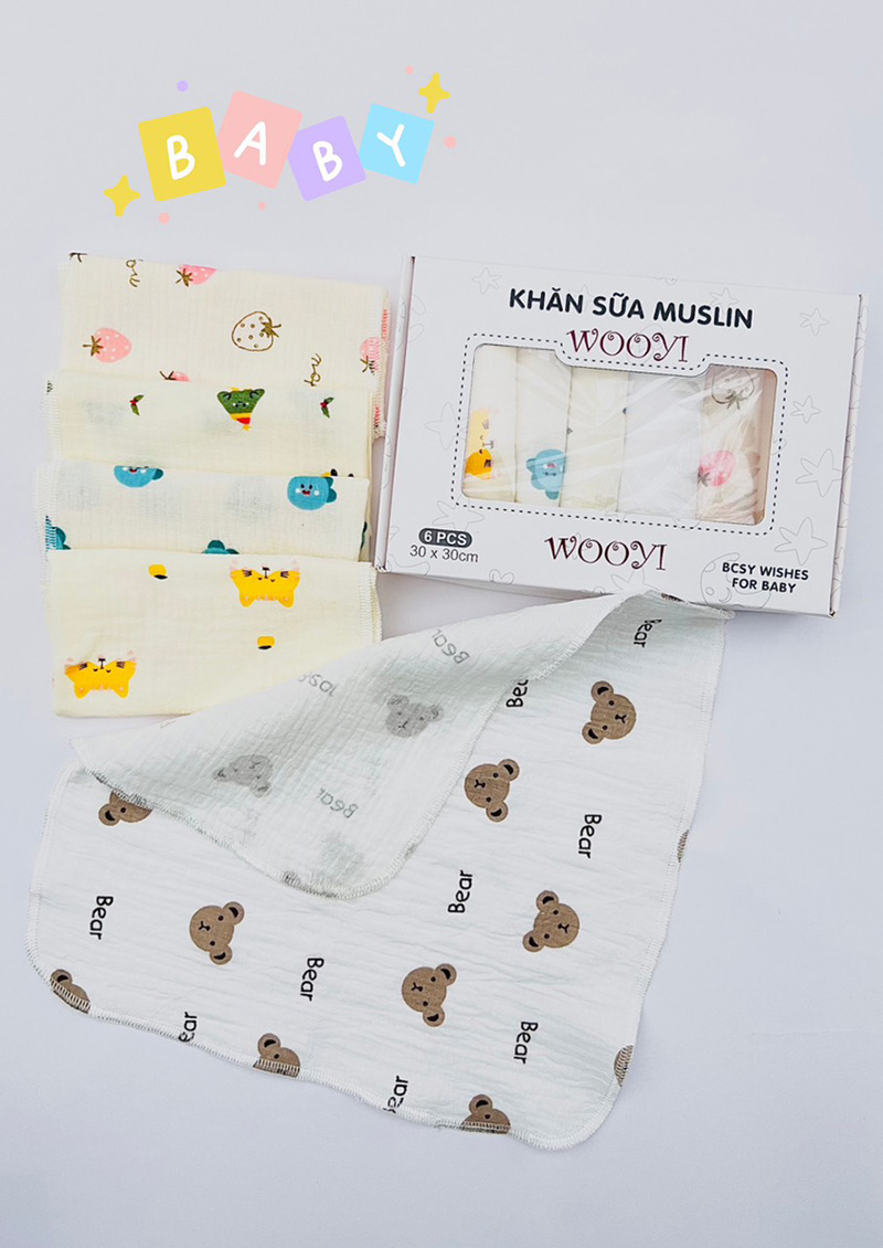 Hộp 6 khăn sữa sợi tre Wooji (2 lớp) ( SLL ib Zalo) - tongkhothienan.com