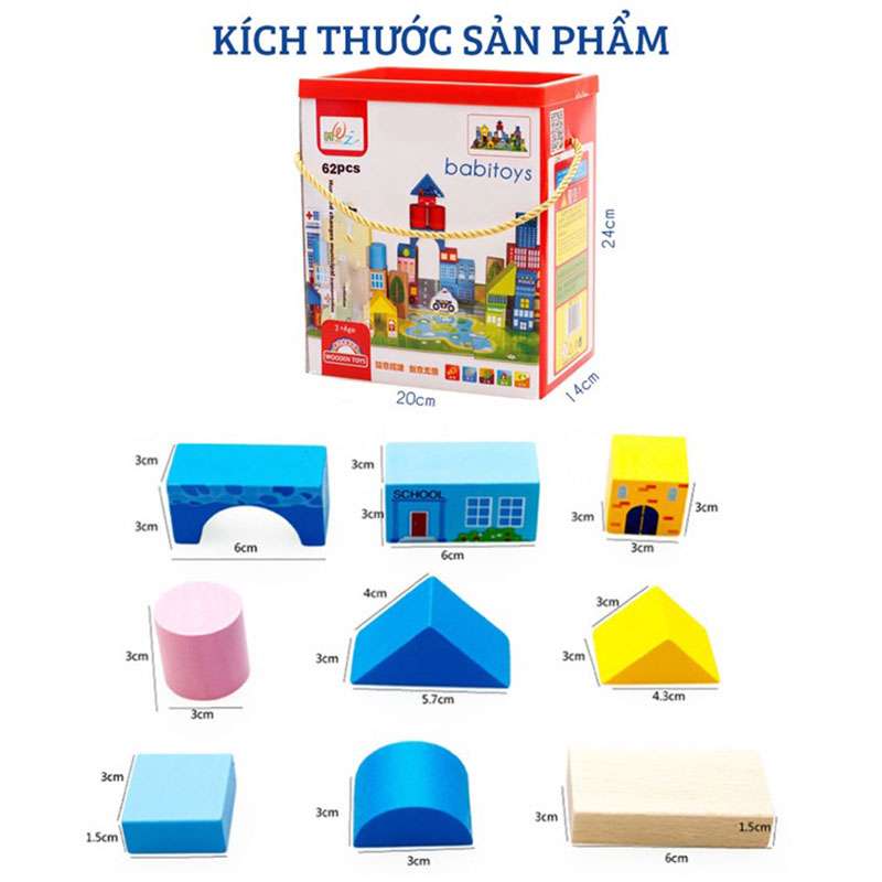 Bộ xếp hình khối gỗ 62pcs HD199 Bộ xếp hình khối gỗ 62pcs HD199