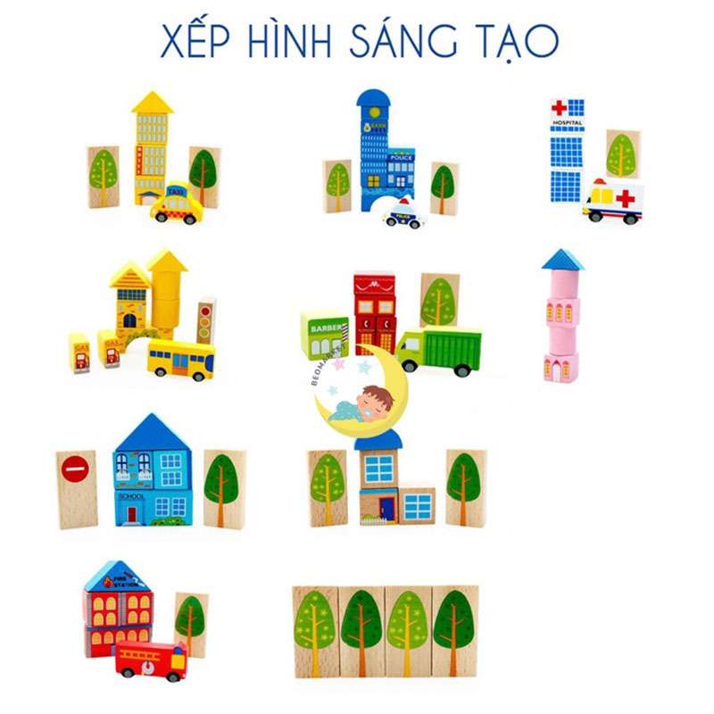 Bộ xếp hình khối gỗ 62pcs HD199 Bộ xếp hình khối gỗ 62pcs HD199