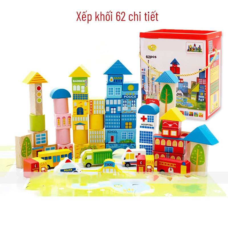 Bộ xếp hình khối gỗ 62pcs HD199 Bộ xếp hình khối gỗ 62pcs HD199